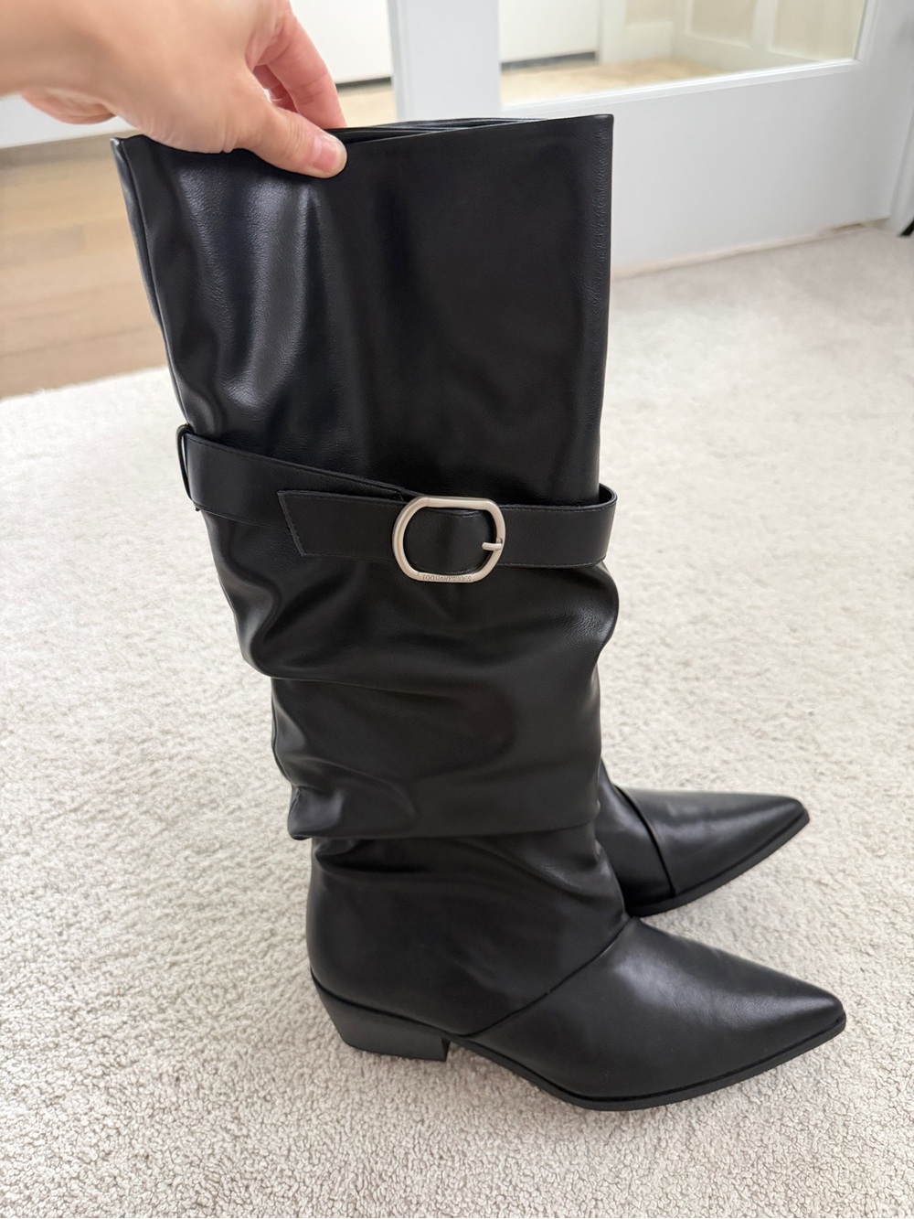 Brand new Black Pointed-Toe Slouch Knee Boots with Silver Buckle